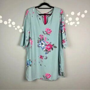 Joules Eva Tunic Dress Mint Floral Pockets V-Neck 3/4 Sleeve Size 14